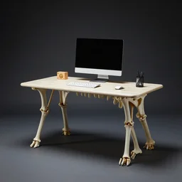 a computer desk made out of dinosaur bones, product photography, dramatic studio lighting