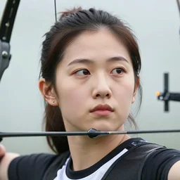 photo realistic, consistent and highly detailed face, a attractive sports woman in archery, uhd 8 k, highly detailed