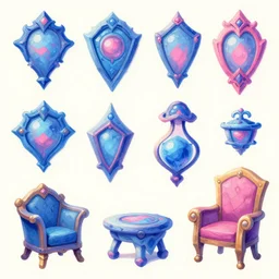 game asset of ornamental decorations and furniture, in gouache detailed paintings, props, stylized, 2 d sprites, kitbash, arcane, overwatch, blue and pink color scheme, 8 k, close up