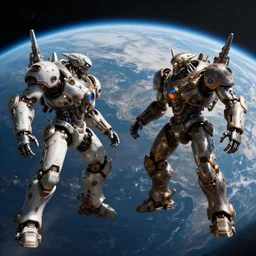 View from Earth of two planet-sized cyberpunk steampunk cyborg titans battling in space. 4K Cinematic, Award winning, ultra high resolution, intricate details, UHD 8K