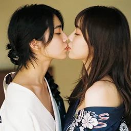 two beautiful asian models kissing with no kimono, cinestill, photography