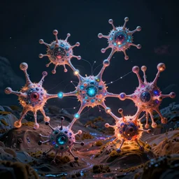 quantum connections represented as symbiotic organisms like cells playing around with colorful lights by jeff easley