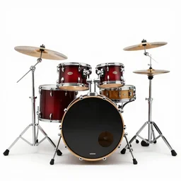 ruby red drum kit, photorealistic, isolated on a pure white background, centered, entire object in frame, sharp focus, soft studio lighting