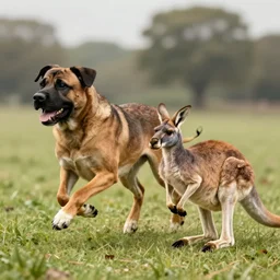 a boerboel mastiff running, chasing a kangaroo, detailed, intricate, by ted nasmith