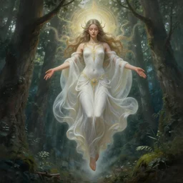 apparition of one goddess descending over a forest, fantasy, magical, high quality, spiritual, intricate, elegant, highly detailed, digital painting, trending on artstation, concept art, smooth, sharp focus, by sachin teng and sergey kolesov and ruan jia and heng z and wlop