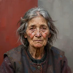 split complementary colours, painted portrait of rugged old homeless woman by ruan jia greg rutkowski, unkempt hair, clear face feminine female mature sensual beautiful homeless fantasy intricate elegant detailed digital painting, concept art artstation sharp focus illustration