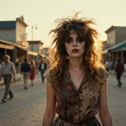 a beautiful but creepy young woman with wild, crazy hair is standing on a busy street in a country town in the 1 9 7 0 s, she is undead, seventies, golden hour, painterly, offset printing technique, by alexandre cabanel, if you see her you die in seven days