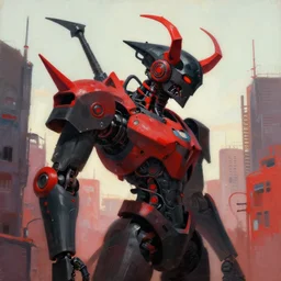 Fantasy potrait of a demonic city with black and red robotic parts, medium shot, asymmetrical, profile picture, Organic Painting, sunny day, Matte Painting, bold shapes, hard edges, street art, trending on artstation, by Huang Guangjian and Gil Elvgren and Sachin Teng