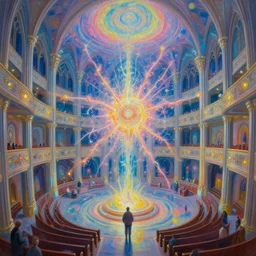 beautiful painting of the inside of a dmt cathedral filled with magical energy and infinite rooms by mad dog jones and alex grey