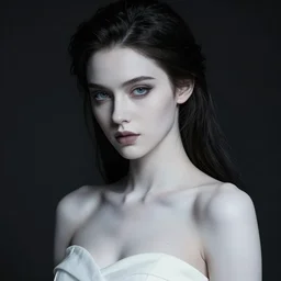 close up, professional studio photo of a young gorgeous goth girl, attractive, beautiful facial expressions, porcelain looking skin, aesthetically pleasing, introverted, elegant, graceful slim body, dressed in white, dark moody lighting, by annie leibovitz and boris vallejo, epic atmospheric, intricate, neat