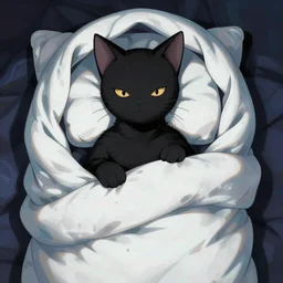 anime cat boy dressed in black, inside a sleeping bag, psychedelic, highly detailed upper body, professionally post - processed, beautiful, epic, anime masterpiece, ilya