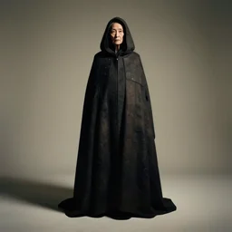 old woman wearing long futuristic highly detailed dark cloak designed by yohji yamamoto standing in a shadow of the soft, sense of mystery, muted colors, simple shapes, long shot, full shot, by bill henson, by gregory crewdson, golden ratio, perfect composition, dramatic, in vogue and gq editorial fashion photography, medium close - up ( mcu ), cannon ef 6 5 mm f / 2. 8