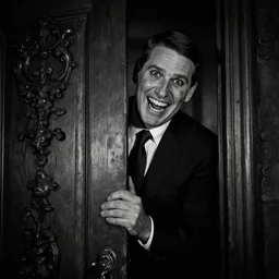 Ted Cruz with a wide grin peaking through a door, black and white, creepy lighting, scary, horror, ornate, eerie, fear