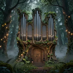 beautiful matte painting of a pipe organ made of trees growing in a dark overgrown fantasy forest with fairy lights and ground fog
