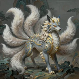 beautiful painting insiperd by the mythical beast in the classics chinese book 山 海 经, animal concept design : 九 尾 狐, 麒 麟, high detail, religion light, grey blue and gold and dark green and white scheme, by emil melmoth, craig mullins, greg rutkowski, fenghua zhong, pete morbacher, ultra detailed