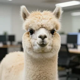 a fluffy camel alpaca chimera looking at the camera like the office. Detailed. 85mm lens