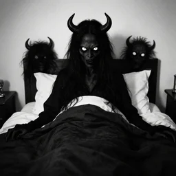 there's evil demons at the end of my bed, white eyes, creepy, black and white