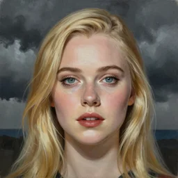 professional painting of Elle Fanning in the style of John Romita Jr., head and shoulders portrait, symmetrical facial features, smooth, sharp focus, illustration, intricate, stormy weather, extremely detailed masterpiece,