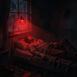 concept art, artstation, nigh, red light, man waking up, just waking up, night, lamp lighting, horror, dark room, desolated, a window, volumetric light, atmospheric, grunge