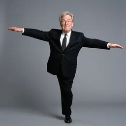 2 0 0 5 john lasseter of pixar is wearing a black suit and necktie. he is balancing on one leg as he holds his arms out to the side of him