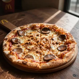 pizza covered in coffee, in the style of mcdonald's