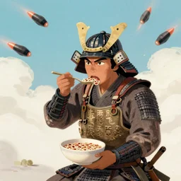 battle weary samurai eating king wheat cereal as missiles fly above him