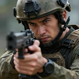 a close-up of an special ops member aimimg his gun,digital art,ultra realistic,ultra detailed,art by greg rutkowski,dramatic,cinematic,detailed face