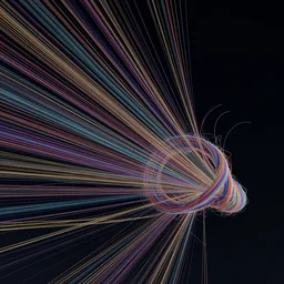 millions of thin threads of colorful fabric unravel, twist, and whirl confusingly in strong winds across a dark night sky, octane render