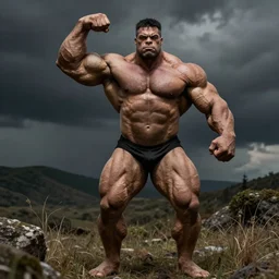 muscular hulk posing, flexing his muscles shirtless, full body