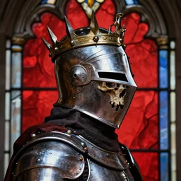 side - view portrait of a knight, kaldor helmet, visor in the shape of a cranium, spike crown, gothic stained glass window, red background, very masterful