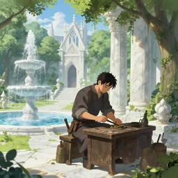 Blacksmith inside a beautiful elven city made of white marble, anime, lush trees, fountain, a fantasy digital painting by Greg Rutkowski and James Gurney, trending on Artstation, highly detailed