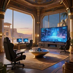 gaming room in 2 0 4 0, scifi, futuristic, virtual reality, simulation, technology, egyptian style, computer, large window, evening, illuminated, highly detailed, artstation, by eutimio garcia