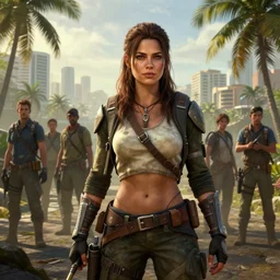 fallout 5, charismatic beautiful rugged brunette female protagonist, portrait, outdoors tropical cityscape, atmospheric lighting, painted, intricate, volumetric lighting, beautiful, daytime, sunny weather, slight overcast, sharp focus, deep colours, ultra detailed, by leesha hannigan, ross tran, thierry doizon, kai carpenter, ignacio fernandez rios
