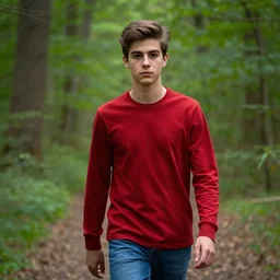 walking in forest, portrait, male teenager, brown hair, red shirt, blue jeans, dark shaped eyes, detailed face, realistic photo.