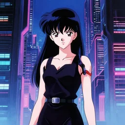 An anime portrait of beautiful girl still from cybercity  1985 by Stanley Artgerm Lau ,WLOP, Ilya Kuvshinov ,James Jean, Andrei Riabovitchev , symmetrical , synthwave