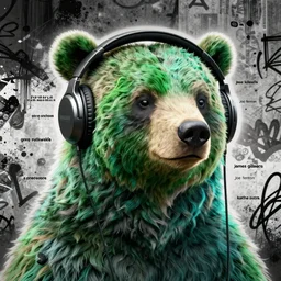 detailed closeup portrait of a humanoid bear with green fur and headphones, in the style of rob lefield and dan mumford, epic gradient, by atey ghailan, by greg rutkowski, by greg tocchini, by james gilleard, by joe fenton, by kaethe butcher, gradient olive turquiose, black and white color scheme, grunge aesthetic, graffiti tag