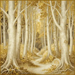 a beautiful forest made of ivory and gold, highly intricate, digital art, very detailed, in the style of an art noveau flemish painting