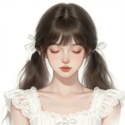 a beautiful digital illustration sketch portrait of a pretty girl, closed eyes, with bangs and twintails, dark hair with bow ties, wearing a white lace dress. ilya kuvshinov