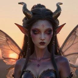 mischievous leathery faerie bodhisattva, close up, sunset in the background, digital art trending on artstation