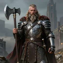 armored viking king with a large battle axe, majestic beard, surrealism , in style of Paul Mafayon, trending on artstation