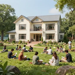 a crowd of artists in a beautiful soviet house with large windows and garden, on a lake, surrounded by trees and rocks, summers in central india, 1 9 9 0 s, by alex webb, by gregory crewdson, featured on architecture daily, shot on large format film, grainy, cinematic composition, beautiful volumetric lighting, no frames
