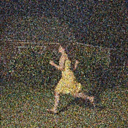 a woman running at night in a yellow dress in the center of the frame sideways, dark hair, a barn, bushes and trees in the background, realistic photo, 4K, 35 mm