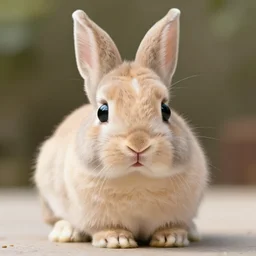 a cute mix between a rabbit and a cat, beige, big green eyes, cute, concept art style