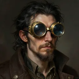 an inventor, steampunk goggles, thin beard, messy black hair, d & d, fantasy, intricate, cinematic lighting, highly detailed, digital painting, artstation, concept art, smooth, sharp focus, illustration, art by artgerm and greg rutkowski and alphonse mucha