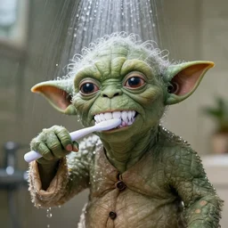 yoda brushing his teeth under a blur shower, artistic