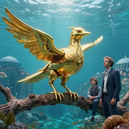 by ian miller and bjorn hurri, visually stunning, cinematic, ultra realistic, hyper realism, 1 2 k, epic, octane render, unreal engine, vfx, maya, aquatic : ♥🌊, a golden mechanical bird on a bough in istanbul : chimera incubator