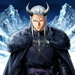 a portrait of Night King of Game of Thrones by Kubo Tite,Bleach manga style,small horns, detailed,ice mountains in the background,artstation,manga,ichigo kurosaki smiling face