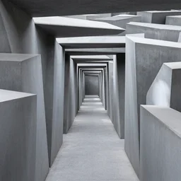 abstract maze-like tunnel, photograph, polished concrete blocks placed around on top of the ground going from near to far