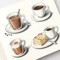 angled views of a breakfast with coffee, detailed, editorial illustration, halftone texture, risograph, dynamic pose, matte print, grainy light, centered perspective, ( ( dither ) ), high contrast, silver + red + black + beige, screen print, dramatic lighting