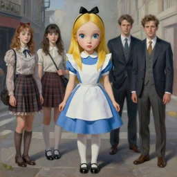 pop surrealism, lowbrow art, realistic cute alice girl painting, japanese street fashion, hyper realism, muted colours, rococo, natalie shau, loreta lux, tom bagshaw, mark ryden, trevor brown style